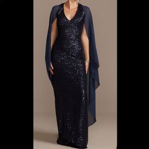 Beautiful navy sequin gown…attached chiffon cape